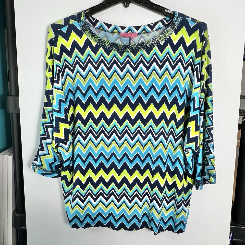 Joyous & Free Womens Sz Large Chevron Beaded Neckline Top Blue Green *READ